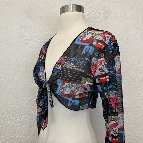 Mesh Crop Top Tie Front Comic Book News Print Rave Punk Festival Medium M - Picture 9 of 13